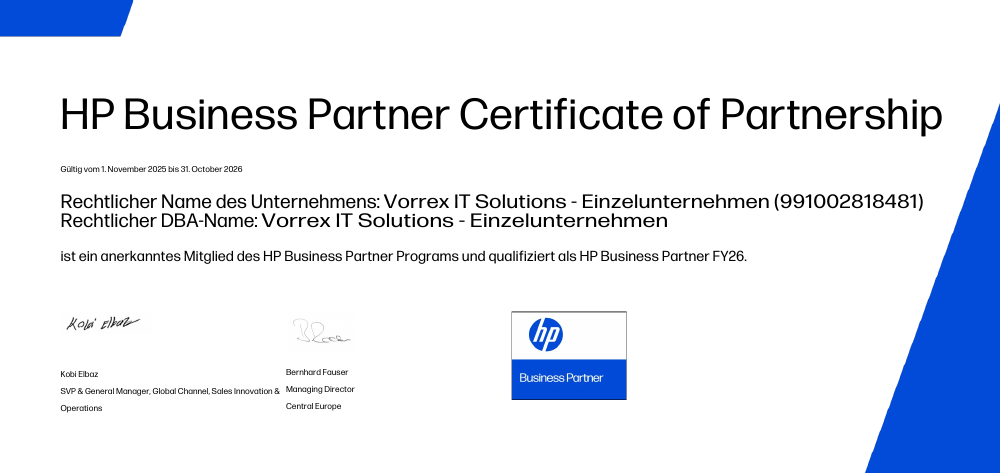 HP Business Partner Certificate of Partnership für VORREX IT Solutions
