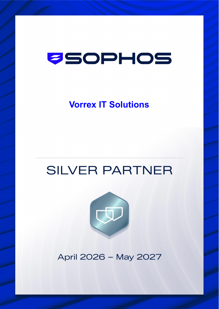Sophos Silver Partner-Zertifikat für VORREX IT Solutions, April 2026 bis Mai 2027