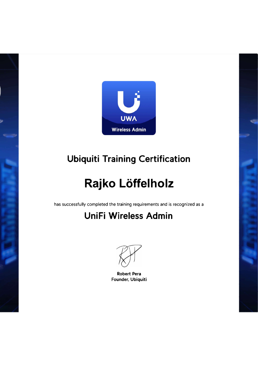 Ubiquiti-Trainingszertifikat UniFi Wireless Admin für Rajko Löffelholz